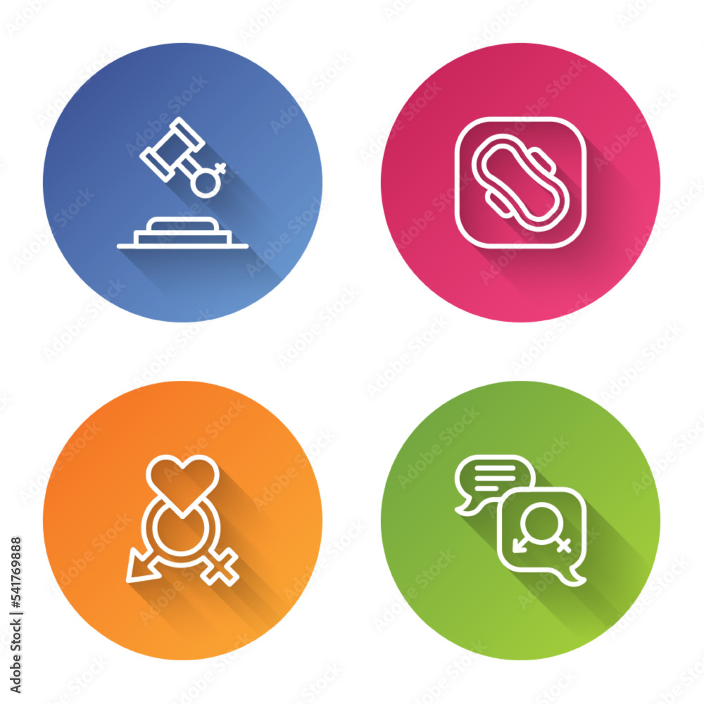 Set line Female rights, Sanitary napkin, Gender and equality. Color circle button. Vector Set line Female rights, Sanitary napkin, Gender and equality. Color circle button. Vector