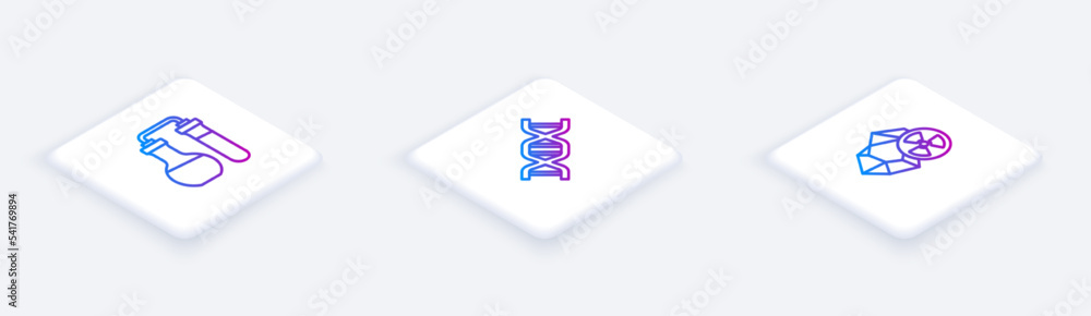 Set Isometric line Test tube, DNA symbol and Radioactive. White square button. Vector Set Isometric line Test tube, DNA symbol and Radioactive. White square button. Vector