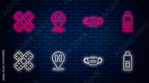 Set line Location hospital, Medical protective mask, Crossed bandage plaster and Digital thermometer. Glowing neon icon on brick wall. Vector