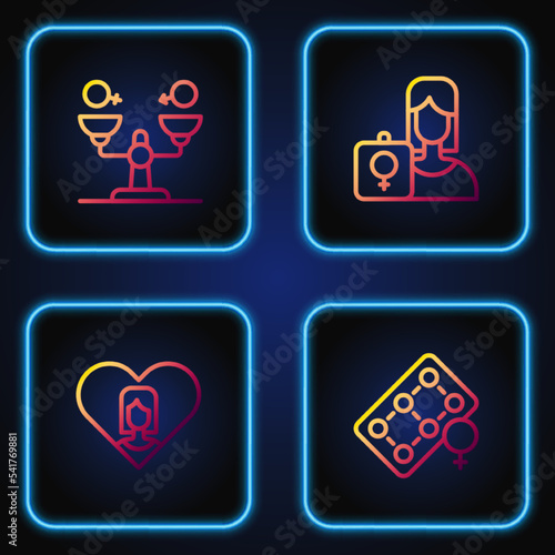 Set line Packaging of birth control pills, Heart with female, Gender equality and Feminist activist. Gradient color icons. Vector