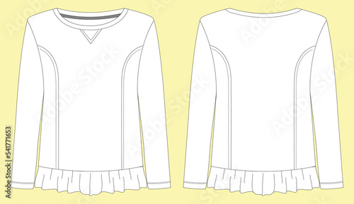 Round neck full sleeve top with gathered at bottom and side panel . technical drawing, template, flat, sketch. Jersey or woven fabric top with front, back view, white color photo
