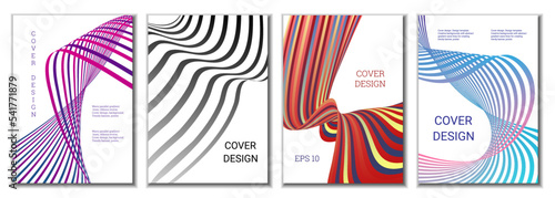 A set of 4 abstract covers. Wavy parallel gradient lines, ribbons evolve. Cover design, background. Trendy banner, poster.