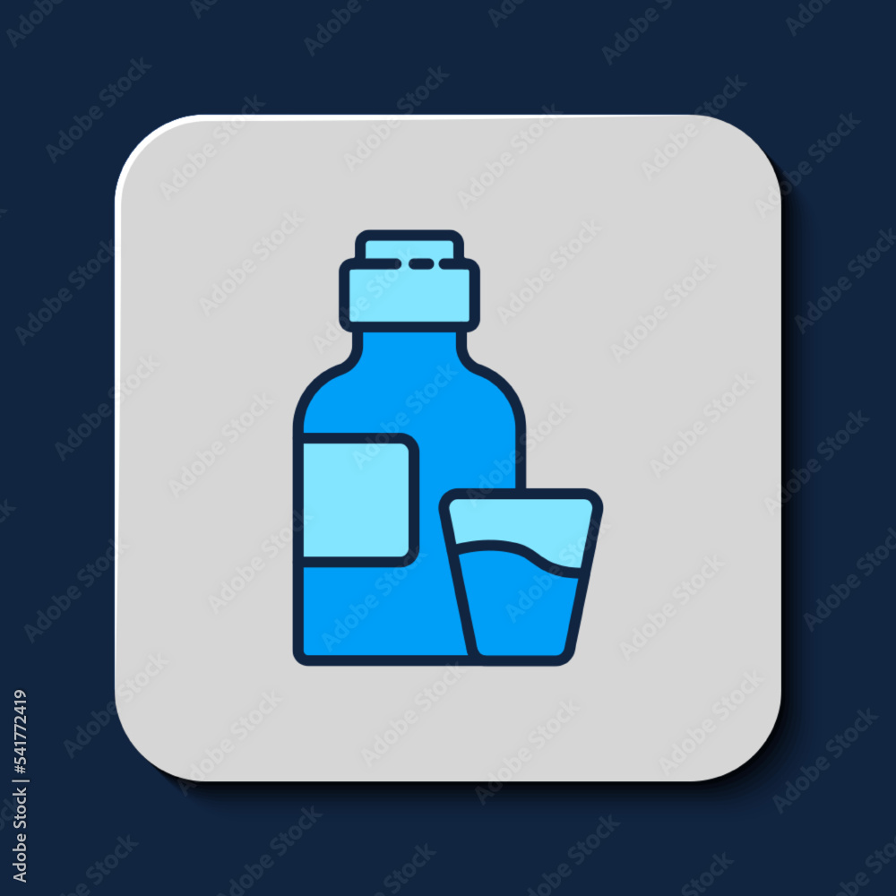 Filled outline Bottle of medicine syrup and dose measuring cup solid icon isolated on blue background. Vector