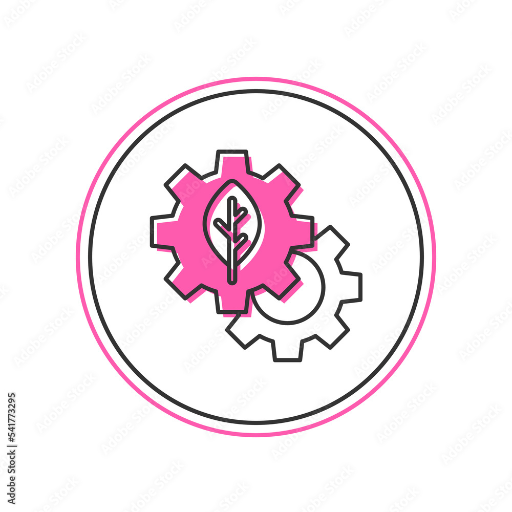 Filled outline Leaf plant ecology in gear machine icon isolated on white background. Eco friendly technology. World Environment day label. Vector Filled outline Leaf plant ecology in gear machine icon isolated on white background. Eco friendly technology. World Environment day label. Vector