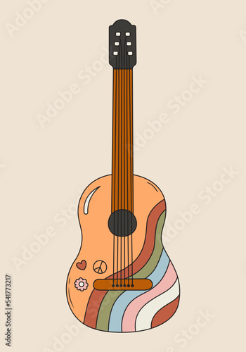 Vector illustration of hippie acoustic guitar with cute patches. Hand drawn festival music instrument in 60s and 70s style. Boho lifestyle element. Vintage groovy symbol