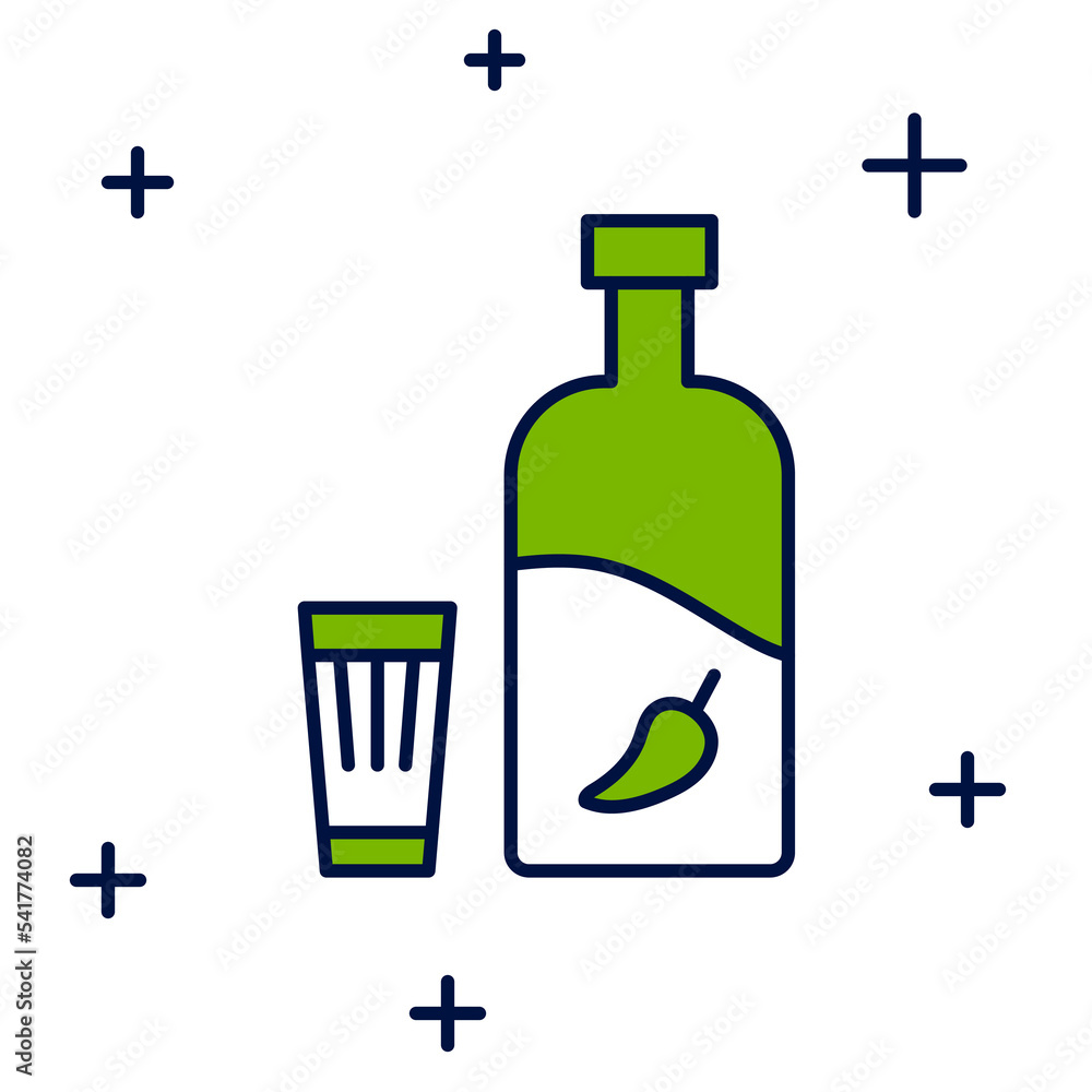 Fototapeta premium Filled outline Vodka with pepper and glass icon isolated on white background. Ukrainian national alcohol. Vector