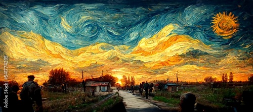 Fotografering AI-generated digital futuristic art illustration of Van Gogh-style Morning