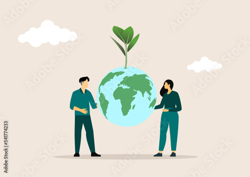 People  hand holding young earth and plant in ecology and environment sustainable concept. Saving environment, save clean planet and net zero. World Earth Day and ESG and co2 concept, vector illustra.