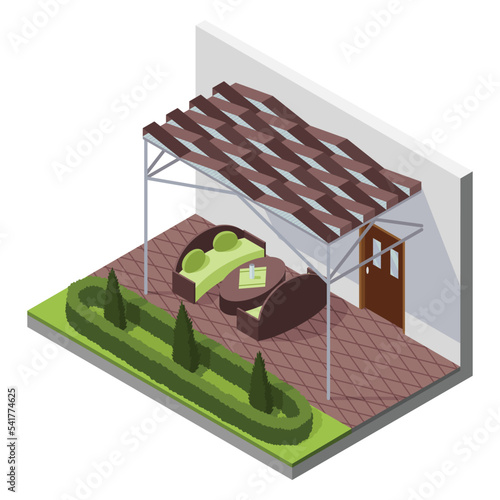 Inner courtyard isometric composition with patio. House with private terrace with covering from above. Covered veranda for table place. Modern architecture