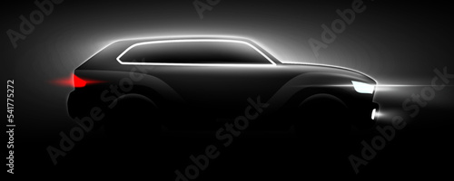 Black SUV car silhouette with head lights and tail lights on a dark night background. Automotive poster vector illustration. Premium style black and white automobile poster horizontal banner design.