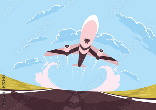 Plane takes off or landing on runway. Modern passenger air transport on sky background. Travel transportation aviation concept in cartoon flat style