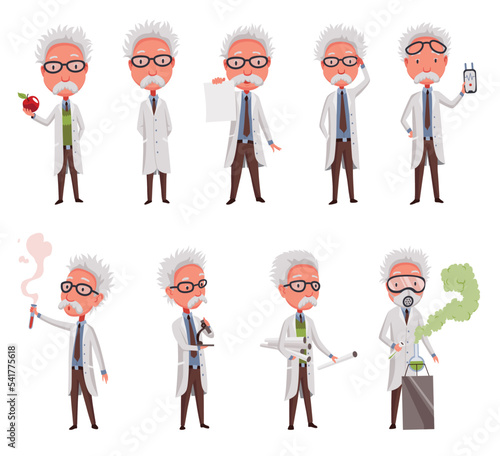 Old scientist set. Funny moustached characters wearing glasses and lab coat. Discovery in science. Vector illustration in cartoon style