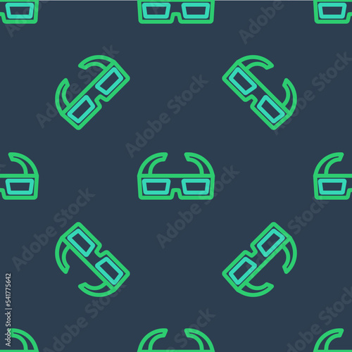 Line 3D cinema glasses icon isolated seamless pattern on blue background. Vector