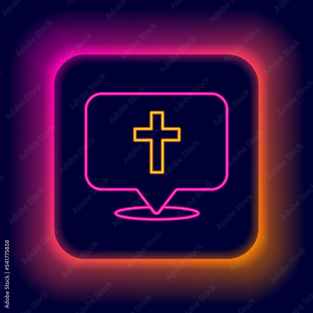 Obraz premium Glowing neon line Map pin church building icon isolated on black background. Christian Church. Religion of church. Colorful outline concept. Vector