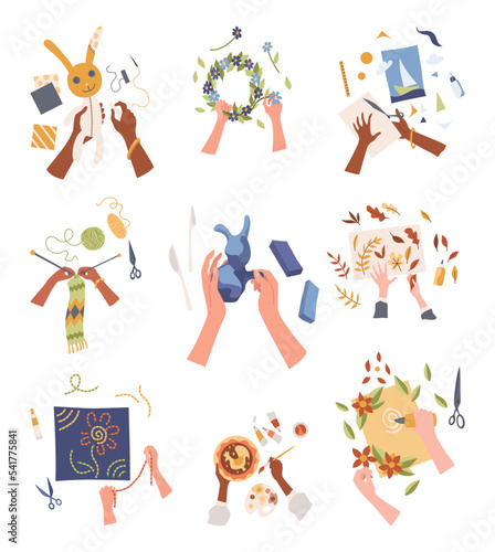 Handcraft creative workshop. Handmade hobbies, creative work and art. Hands create crafts. Making decorative craftwork. Art crafts class vector banner for children