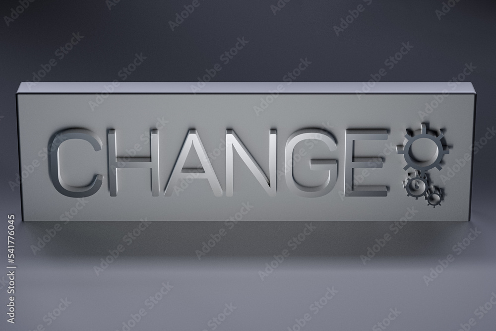 CHANGE text conceptual with gears. CHANGE concept metallic. 3D render. CHANGE text conceptual with gears. CHANGE concept metallic. 3D render.