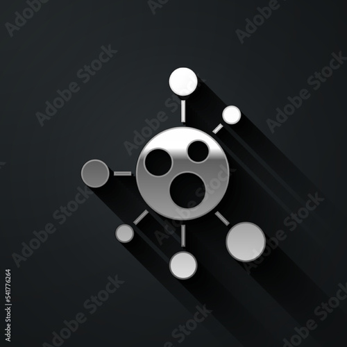 Silver Molecule icon isolated on black background. Structure of molecules in chemistry, science teachers innovative educational poster. Long shadow style. Vector