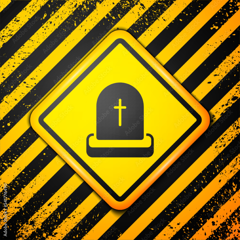 Black Tombstone with RIP written on it icon isolated on yellow background. Grave icon. Happy Halloween party. Warning sign. Vector Black Tombstone with RIP written on it icon isolated on yellow background. Grave icon. Happy Halloween party. Warning sign. Vector
