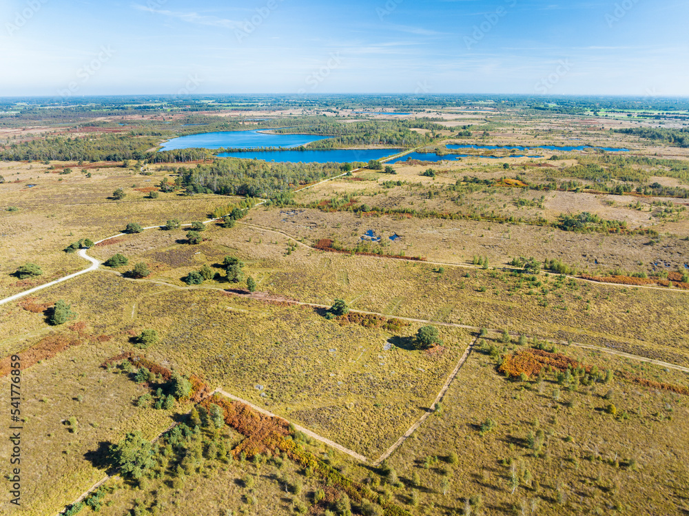 Aerial view of peat bog and lakes in national park De Groote Peel
