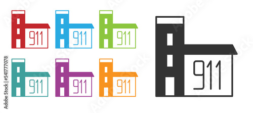 Black Building of fire station icon isolated on white background. Fire department building. Set icons colorful. Vector