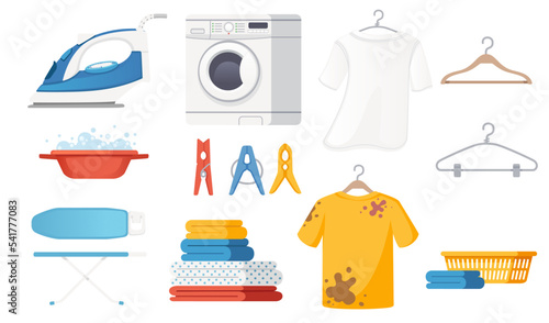 Set of items for washing clothes iron washing machine dirty clothes basin and clothespins vector illustration isolated on white background