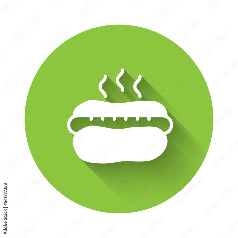 White Hotdog sandwich with mustard icon isolated with long shadow background. Sausage icon. Fast food sign. Green circle button. Vector White Hotdog sandwich with mustard icon isolated with long shadow background. Sausage icon. Fast food sign. Green circle button. Vector