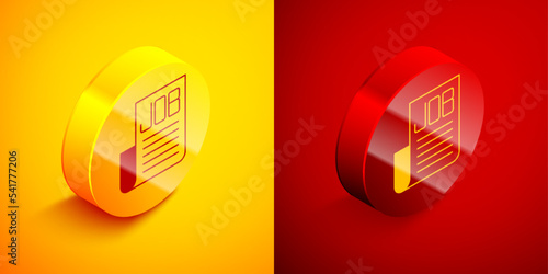 Isometric Search job icon isolated on orange and red background. Recruitment or selection concept. Human resource and recruitment for business. Circle button. Vector