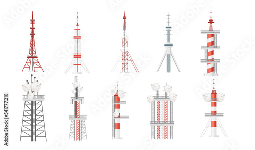 Set of Modern communication tower construction for tv radio network or gsm technology vector illustration isolated on white background