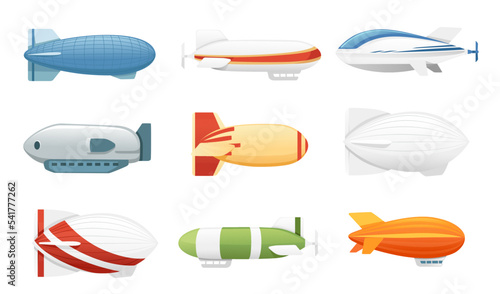 Set of commercial airship diffirent and shapes color rigid airship vector illustration isolated on white background