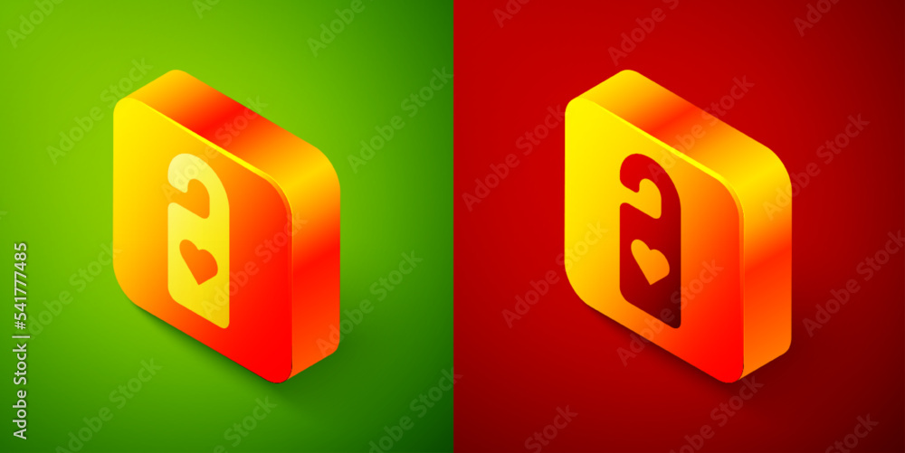 Isometric Please do not disturb with heart icon isolated on green and red background. Hotel Door Hanger Tags. Square button. Vector Isometric Please do not disturb with heart icon isolated on green and red background. Hotel Door Hanger Tags. Square button. Vector