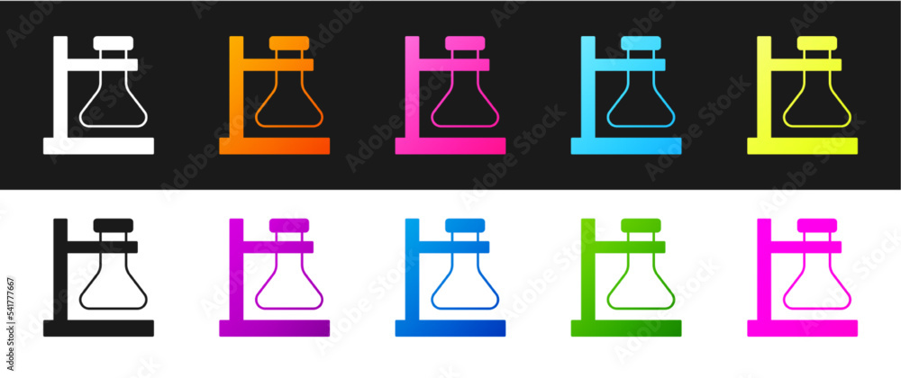 Set Glass test tube flask on stand icon isolated on black and white background. Laboratory equipment. Vector Set Glass test tube flask on stand icon isolated on black and white background. Laboratory equipment. Vector