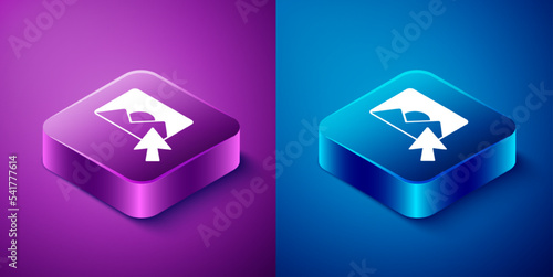 Isometric Photo retouching icon isolated on blue and purple background. Photographer, photography, retouch icon. Square button. Vector