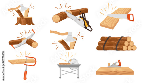 Set of woodworking chopping sawing wooden log on stump with axe and saw vector illustration isolated on white background