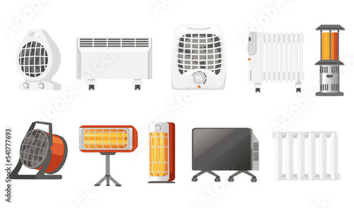 Set of domestic portable air heater with fan and ceramic heater element vector illustration isolated on white background