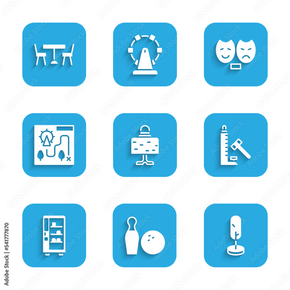Set Magic ball on table, Bowling pin and, Tree, Striker attraction with hammer, Vending machine, Amusement park map, Comedy tragedy masks and Picnic chairs icon. Vector Set Magic ball on table, Bowling pin and, Tree, Striker attraction with hammer, Vending machine, Amusement park map, Comedy tragedy masks and Picnic chairs icon. Vector