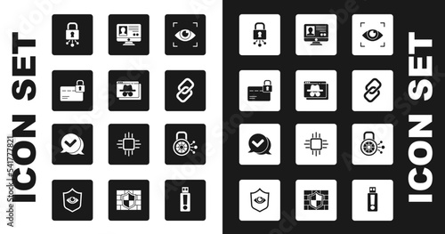 Set Eye scan, Browser incognito window, Credit card with lock, Cyber security, Chain link, Create account screen, and Check mark speech bubble icon. Vector