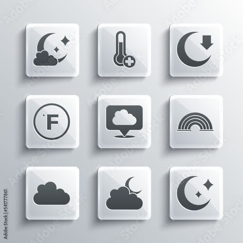 Set Cloud with moon, Moon and stars, Rainbow, Location cloud, Fahrenheit, and icon. Vector