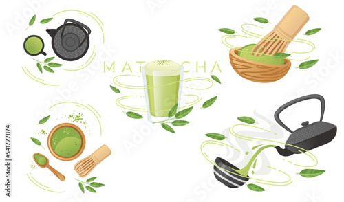 Set of traditional tools for tea ceremony matcha tea vector illustration on white background