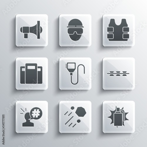 Set Flying stone, Hand grenade, Barbed wire, Walkie talkie, Protest, Police assault shield, Megaphone and Bulletproof vest icon. Vector