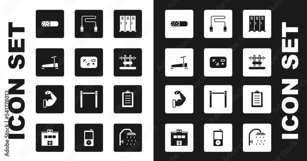 Set Locker or changing room, Fitness club, gym card, Treadmill machine, Vitamin pill, Bench with barbel, Jump rope, Sport training program and Bodybuilder muscle icon. Vector Set Locker or changing room, Fitness club, gym card, Treadmill machine, Vitamin pill, Bench with barbel, Jump rope, Sport training program and Bodybuilder muscle icon. Vector