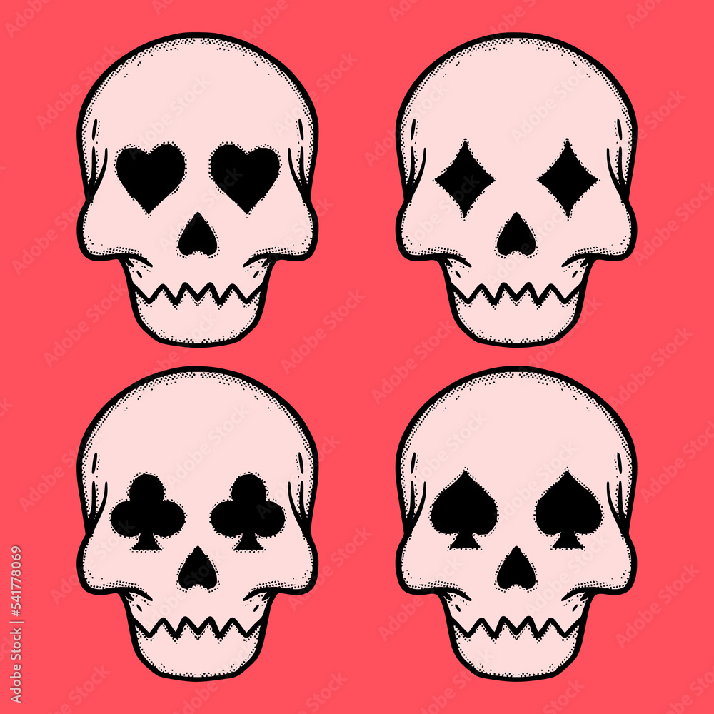 Collection set pink skulls Doodle Illustration hand drawn colorful for tattoo, stickers, etc