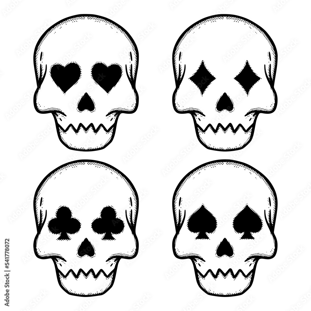 Collection set skulls Doodle Illustration hand drawn sketch for tattoo, stickers, etc