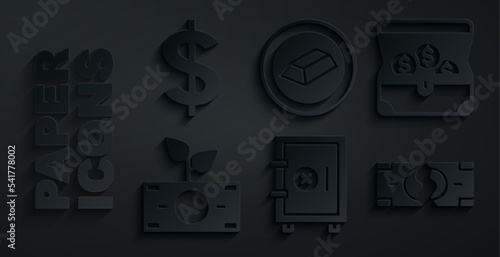 Set Safe, Treasure chest, Money plant in the pot, Tearing money banknote, Gold bars and Dollar symbol icon. Vector