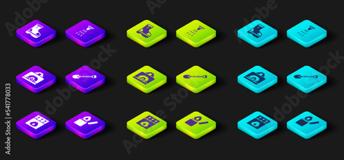 Set Matchbox and matches, Lighter, Interior fireplace, Fire shovel, sprinkler and boots icon. Vector