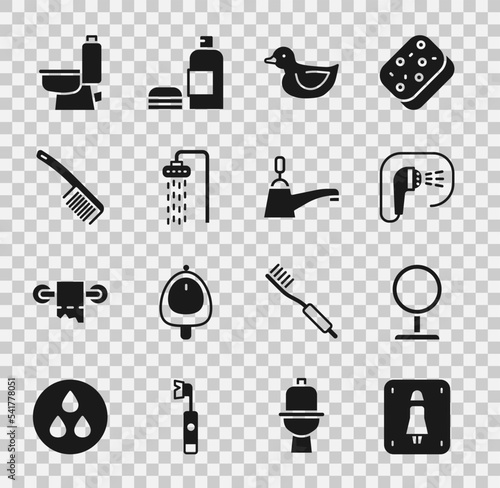 Set Female toilet, Round makeup mirror, Shower, Rubber duck, Hairbrush, Toilet bowl and Water tap icon. Vector