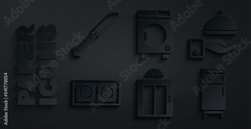 Set Lift, Covered with tray, Electrical outlet, Refrigerator, Washer and Knife icon. Vector