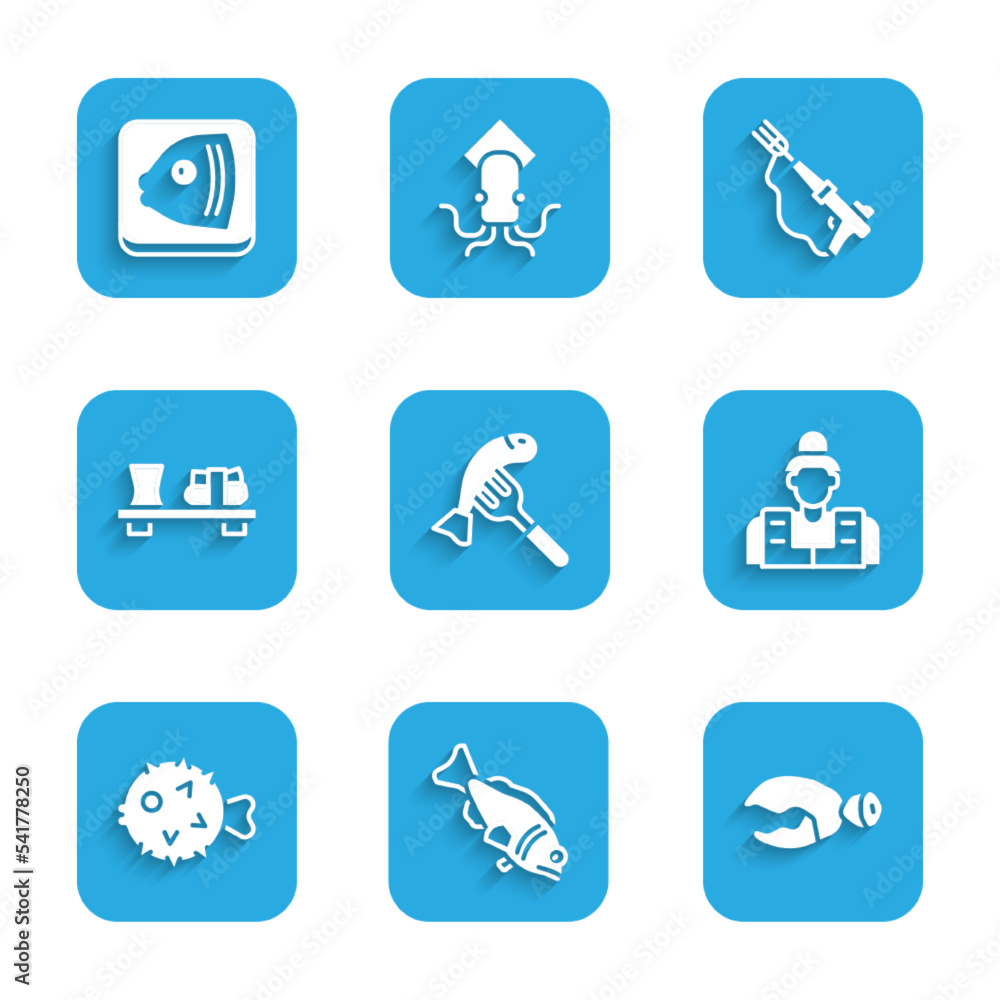 Set Served fish on a plate, Fish, Lobster or crab claw, Fisherman, hedgehog, Sushi cutting board, Fishing harpoon and head icon. Vector Set Served fish on a plate, Fish, Lobster or crab claw, Fisherman, hedgehog, Sushi cutting board, Fishing harpoon and head icon. Vector