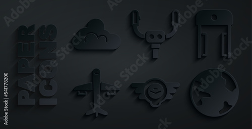 Set Aviation emblem, Metal detector in airport, Plane, Worldwide, Aircraft steering helm and Cloud weather icon. Vector