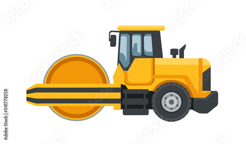 Yellow compactor heavy industrial machine Road roller vector illustration isolated on white background