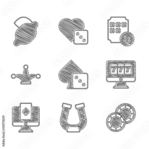 Set Game dice, Horseshoe, Casino chips, Online slot machine with jackpot, poker table game, Joker playing card, Lottery ball on bingo and lemon icon. Vector